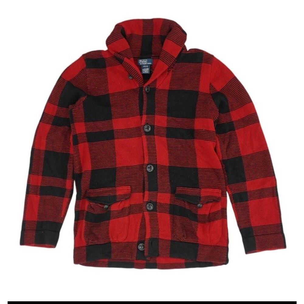 Vintage Polo Ralph Lauren Boys Cardigan, Sz L(16-18), Red/Black Buffalo Plaid